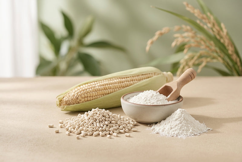 Corn starch, a corn cob and plant-based litter pellets on a beige surface