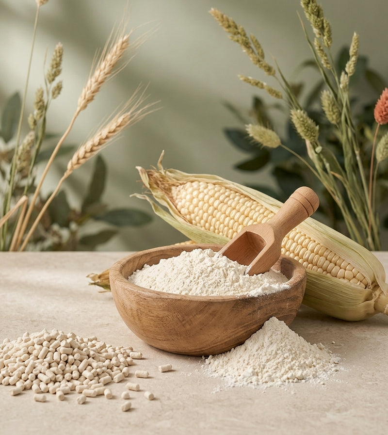 Corn starch in a wooden bowl with a scoop, next to a corn cob