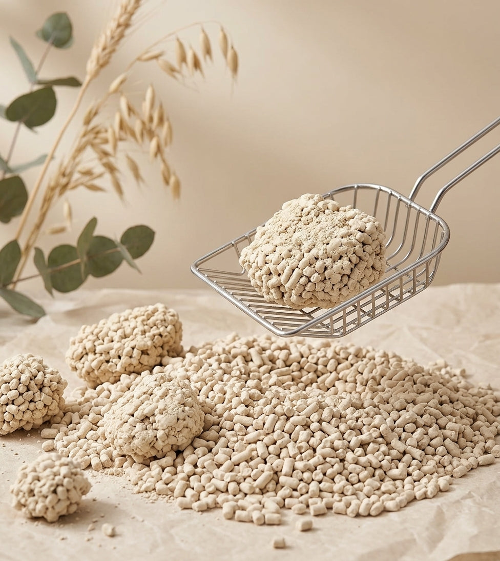 A firm clump of Bio-Enzyme tofu litter lifted on a metal scoop above loose cream litter pellets