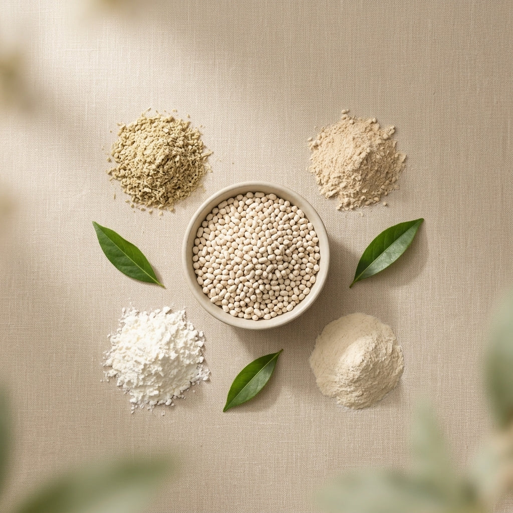 Bio-Enzyme litter pellets in a bowl, surrounded by plant-based ingredient powders and green leaves, seen from above