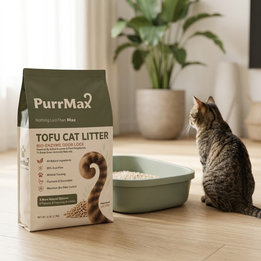 PurrMax Bio-Enzyme Odor Lock litter bag next to a sage-green litter box with a tabby cat in a bright living room