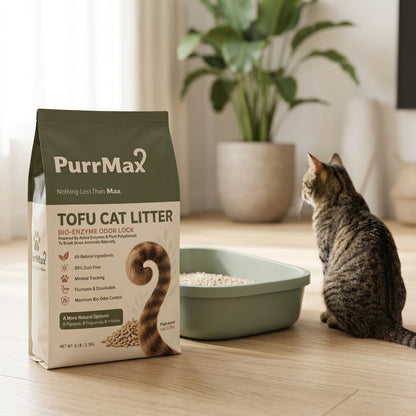 PurrMax Bio-Enzyme Odor Lock litter bag next to a sage-green litter box with a tabby cat in a bright living room