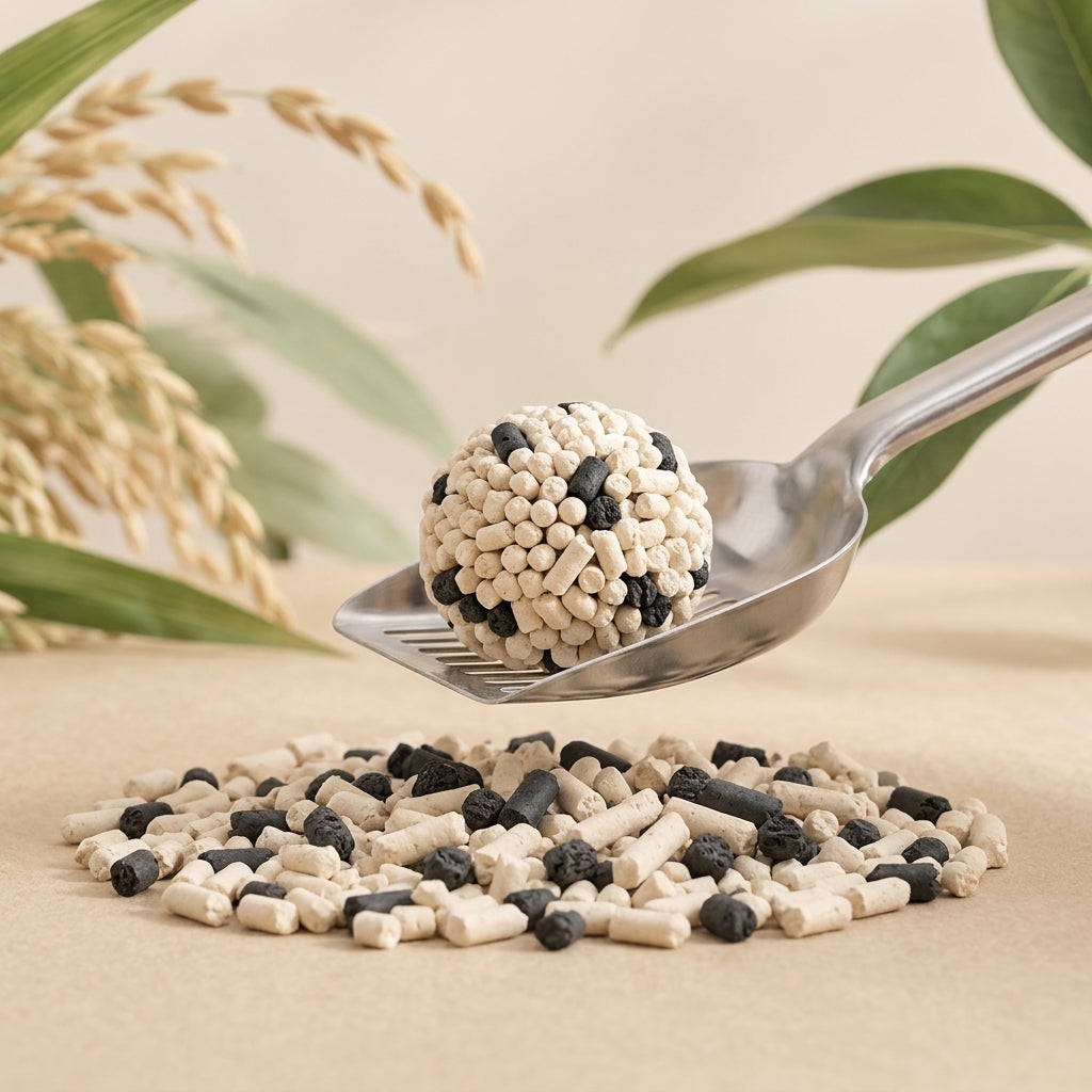 A clump of cream and black activated carbon litter pellets on a spoon above loose pellets