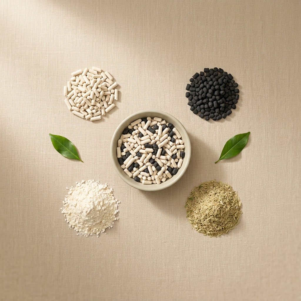 Cream and black activated carbon litter pellets in a bowl, surrounded by plant-based ingredients and green leaves, seen from above