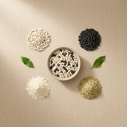 Cream and black activated carbon litter pellets in a bowl, surrounded by plant-based ingredients and green leaves, seen from above