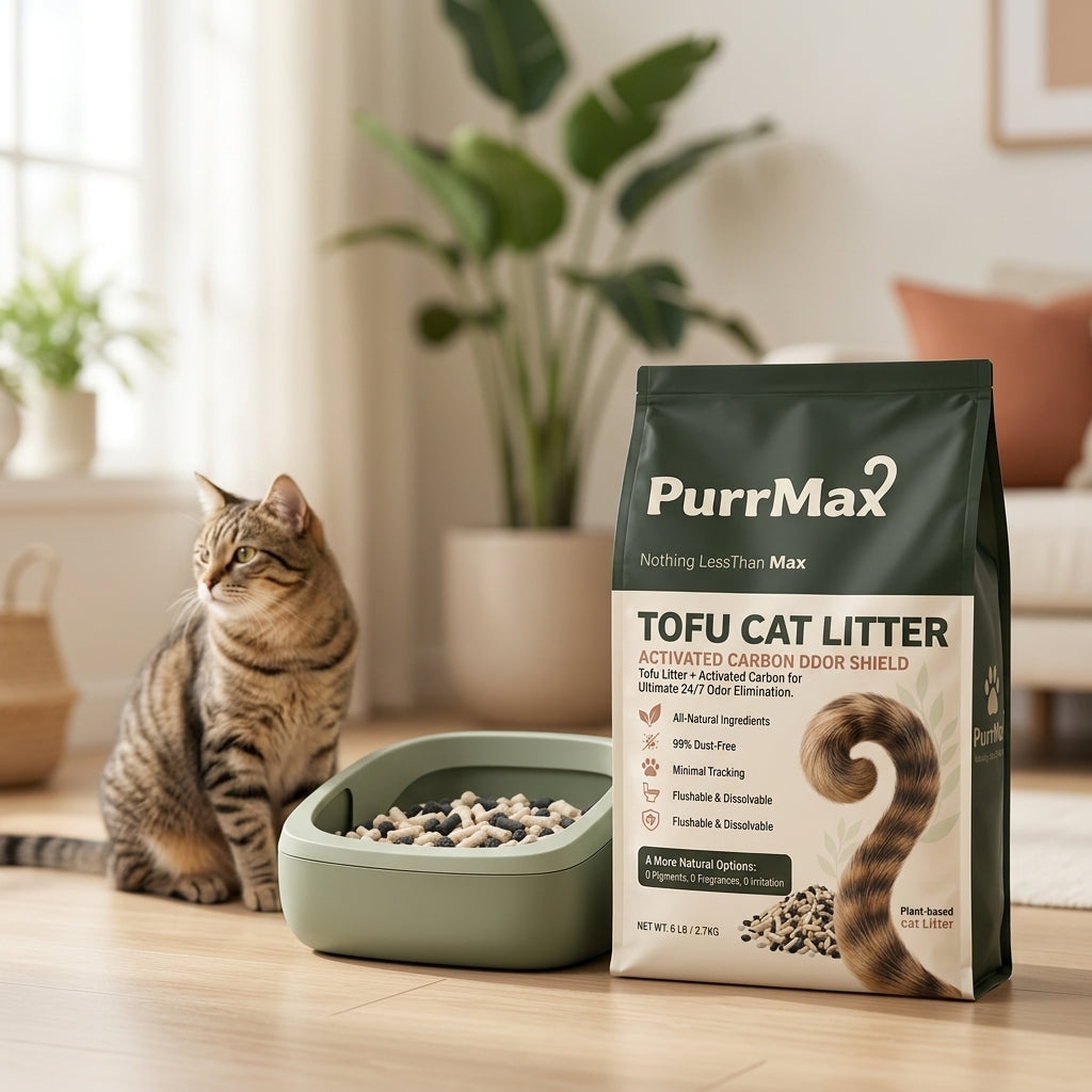 PurrMax Activated Carbon Odor Shield litter bag next to a sage-green litter box of cream and black pellets with a tabby cat in a bright living room