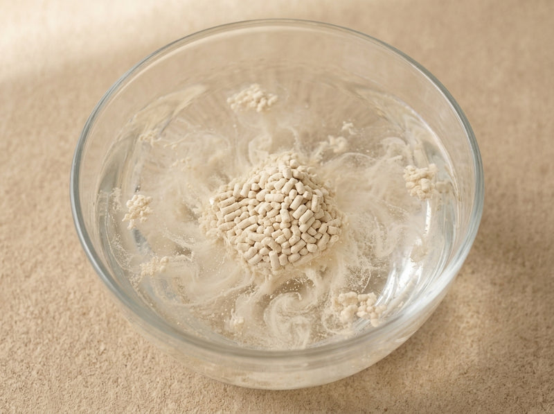 A litter clump breaking apart in a clear glass bowl of water