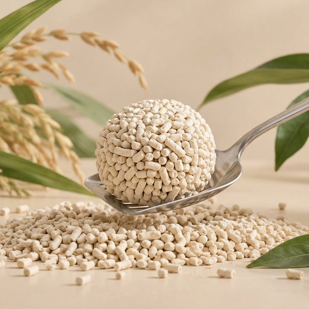 A very firm clump of light cream tofu and cassava litter pellets on a spoon above loose pellets