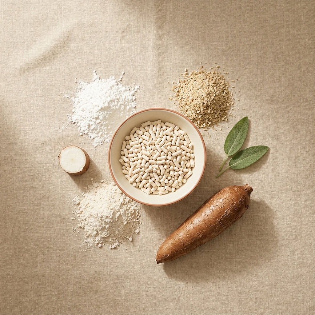 Tofu and cassava litter pellets in a bowl, with pea fiber, cassava starch, a whole cassava root and green leaves, seen from above