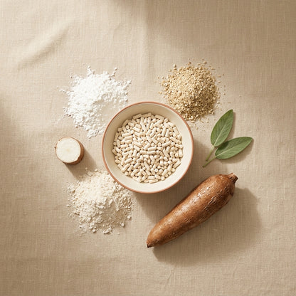 Tofu and cassava litter pellets in a bowl, with pea fiber, cassava starch, a whole cassava root and green leaves, seen from above