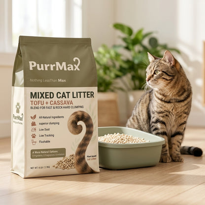 PurrMax Mixed Tofu + Cassava litter bag next to a sage-green litter box with a tabby cat in a bright living room