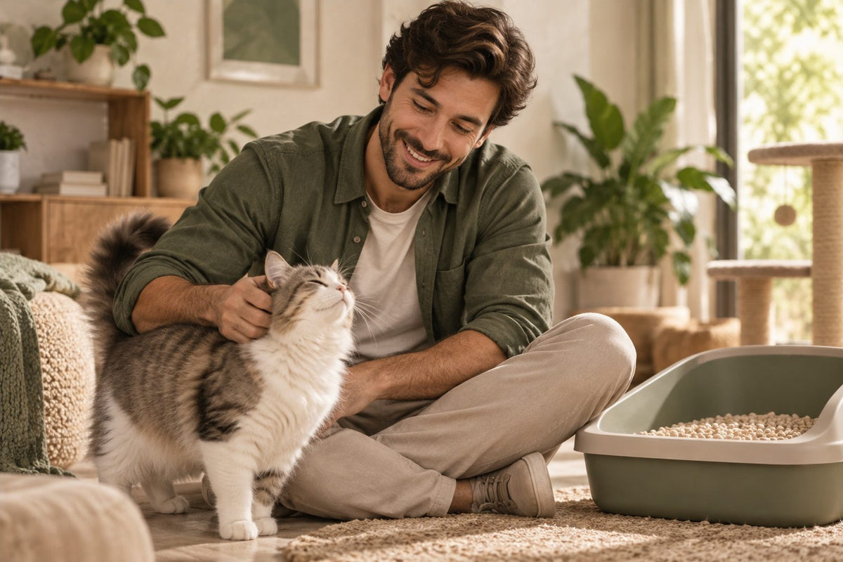 Cat owner petting a relaxed cat beside a litter box at home