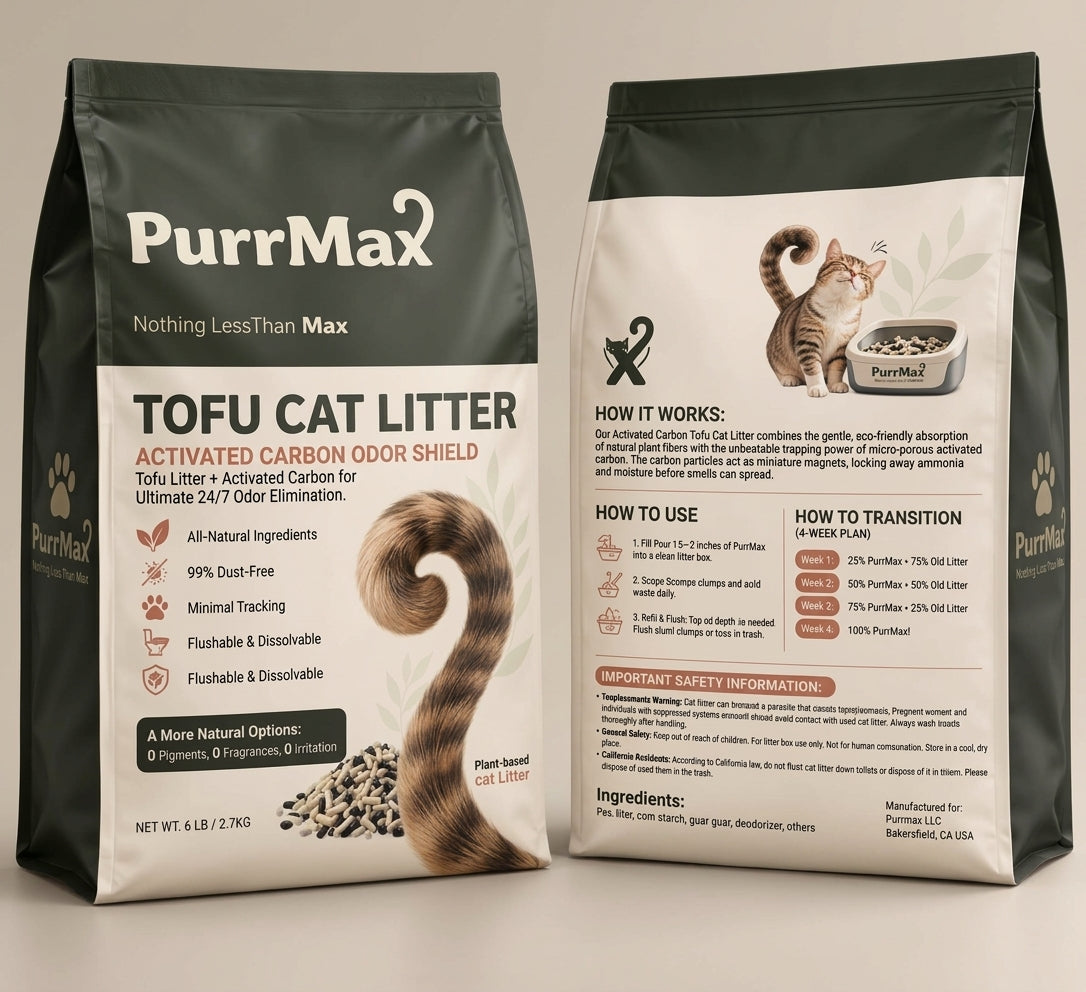 Front and back of the PurrMax Activated Carbon Odor Shield 6 lb tofu cat litter bag