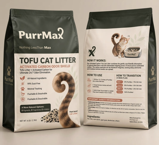 Front and back of the PurrMax Activated Carbon Odor Shield 6 lb tofu cat litter bag