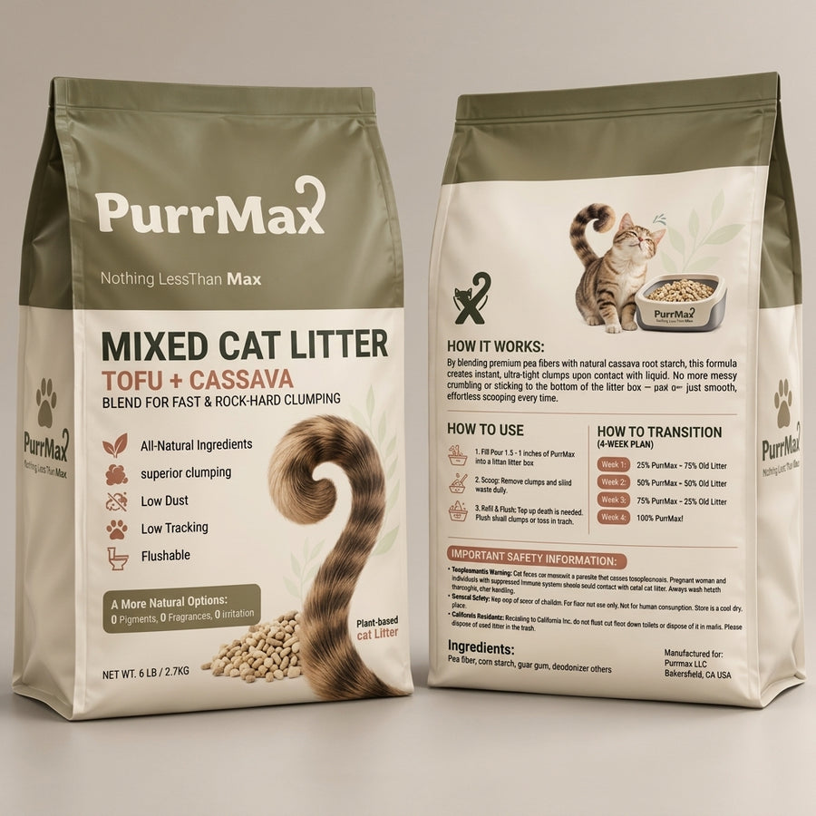 PurrMax Mixed Tofu + Cassava litter bag, front and back