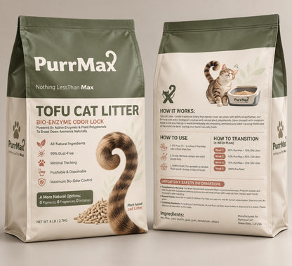 Front and back of the PurrMax Bio-Enzyme Odor Lock 6 lb tofu cat litter bag