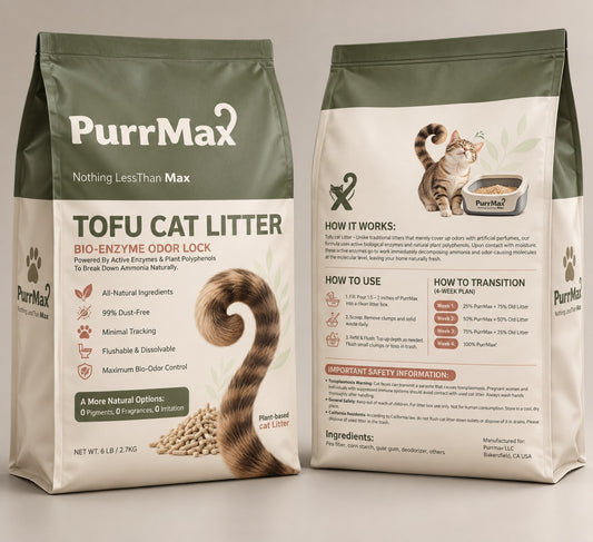 Front and back of the PurrMax Bio-Enzyme Odor Lock 6 lb tofu cat litter bag