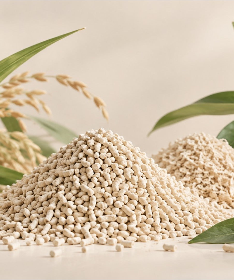Plant-based tofu litter pellets with wheat and leaves