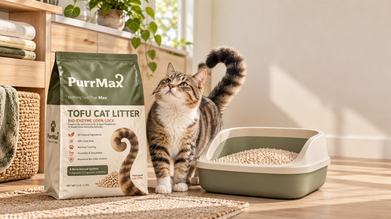 A PurrMax litter bag and a cat beside a sage-green litter box on a clean floor