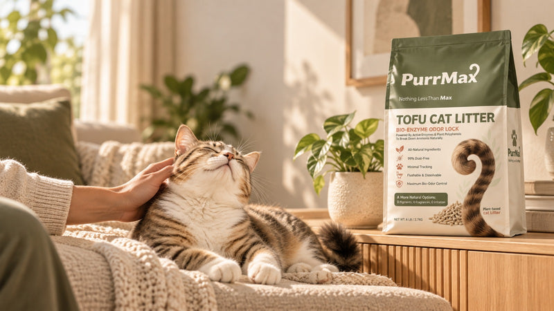 A cat relaxing on a sofa next to a PurrMax litter bag in a bright living room