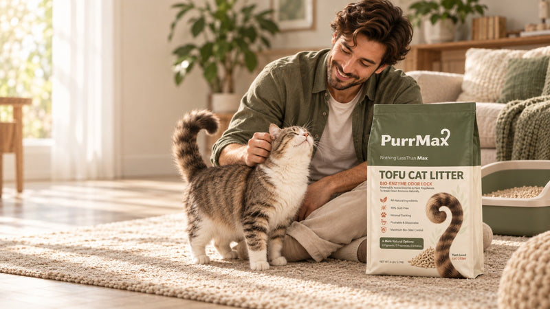 A cat owner petting a cat next to a PurrMax litter bag at home